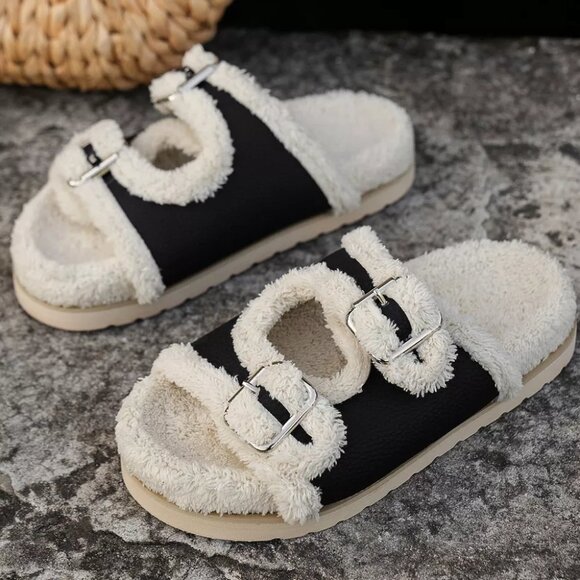 Buckle Decor Plush Lined Platform Slippers - Picture 8 of 8